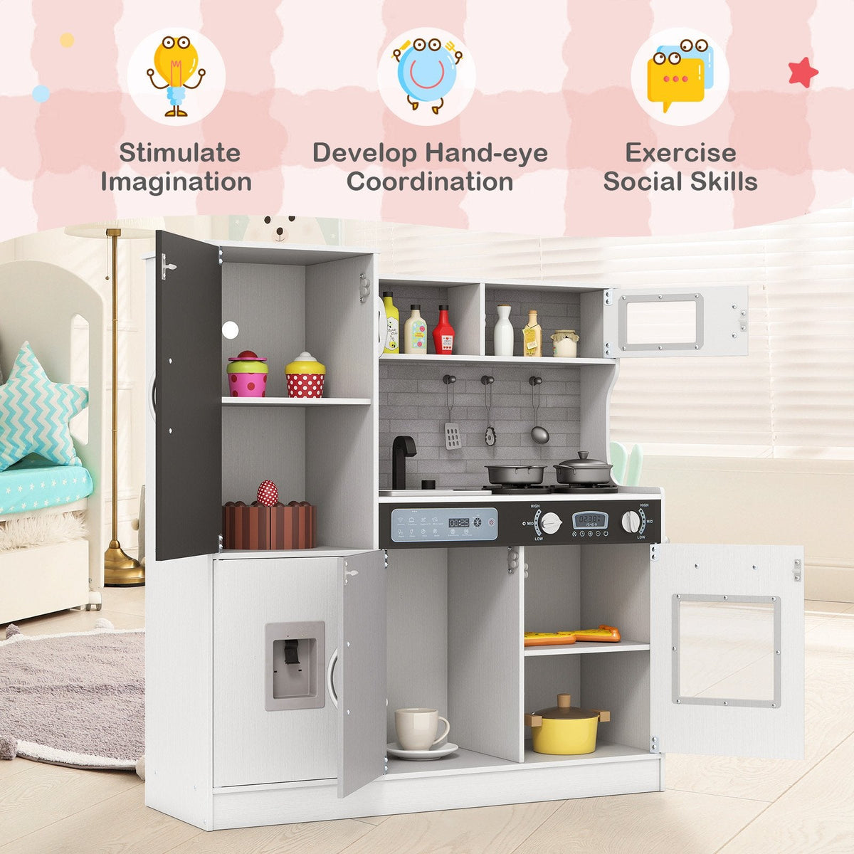 Pretend Play Kitchen with Utensils for Kids Aged 3+-Silver
