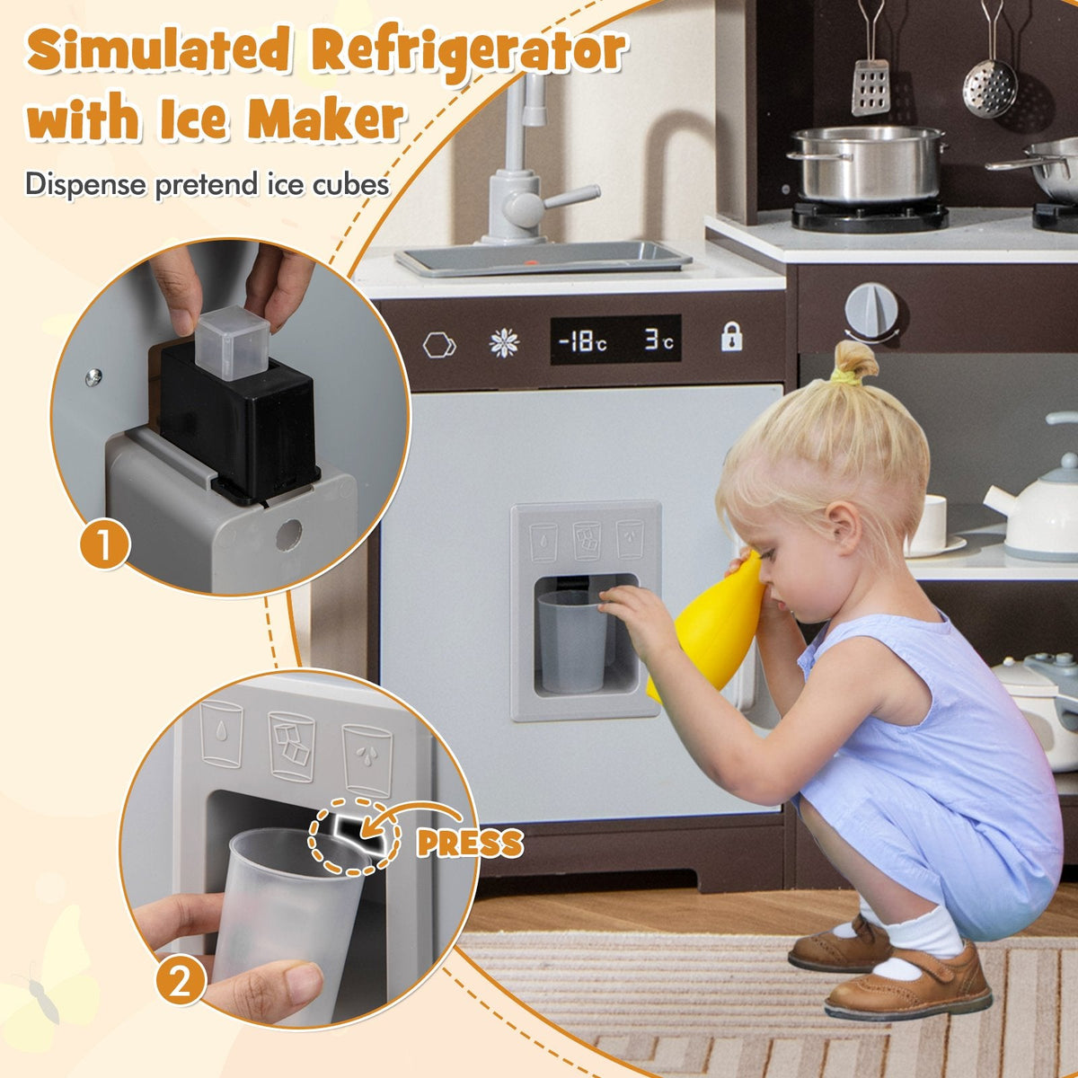 Pretend Play Kitchen Wooden Toy Set with Range Hood Real Sounds and Lights-Brown
