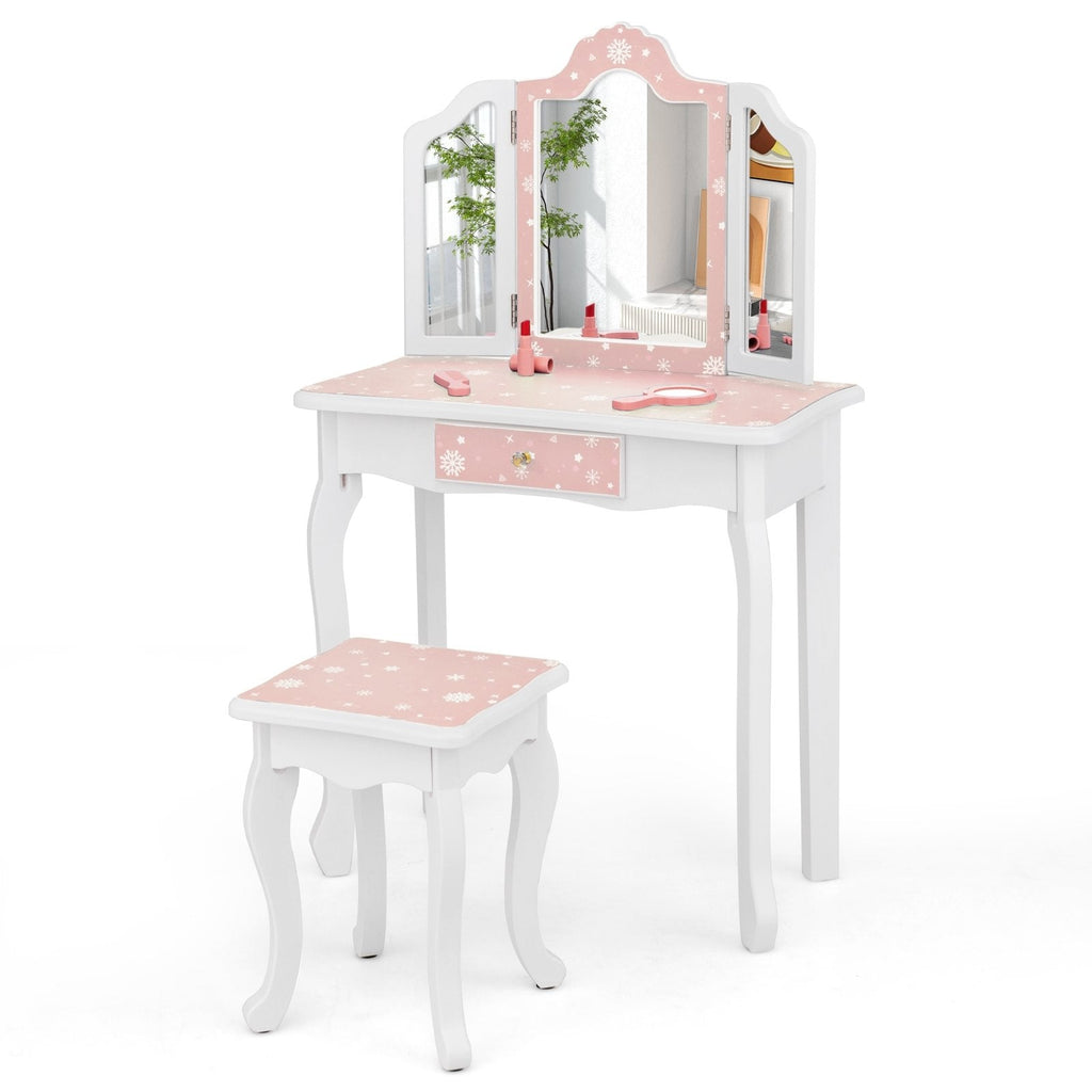 Princess Pretend Play Makeup Table and Stool Set with Tri-folding Mirror-Pink