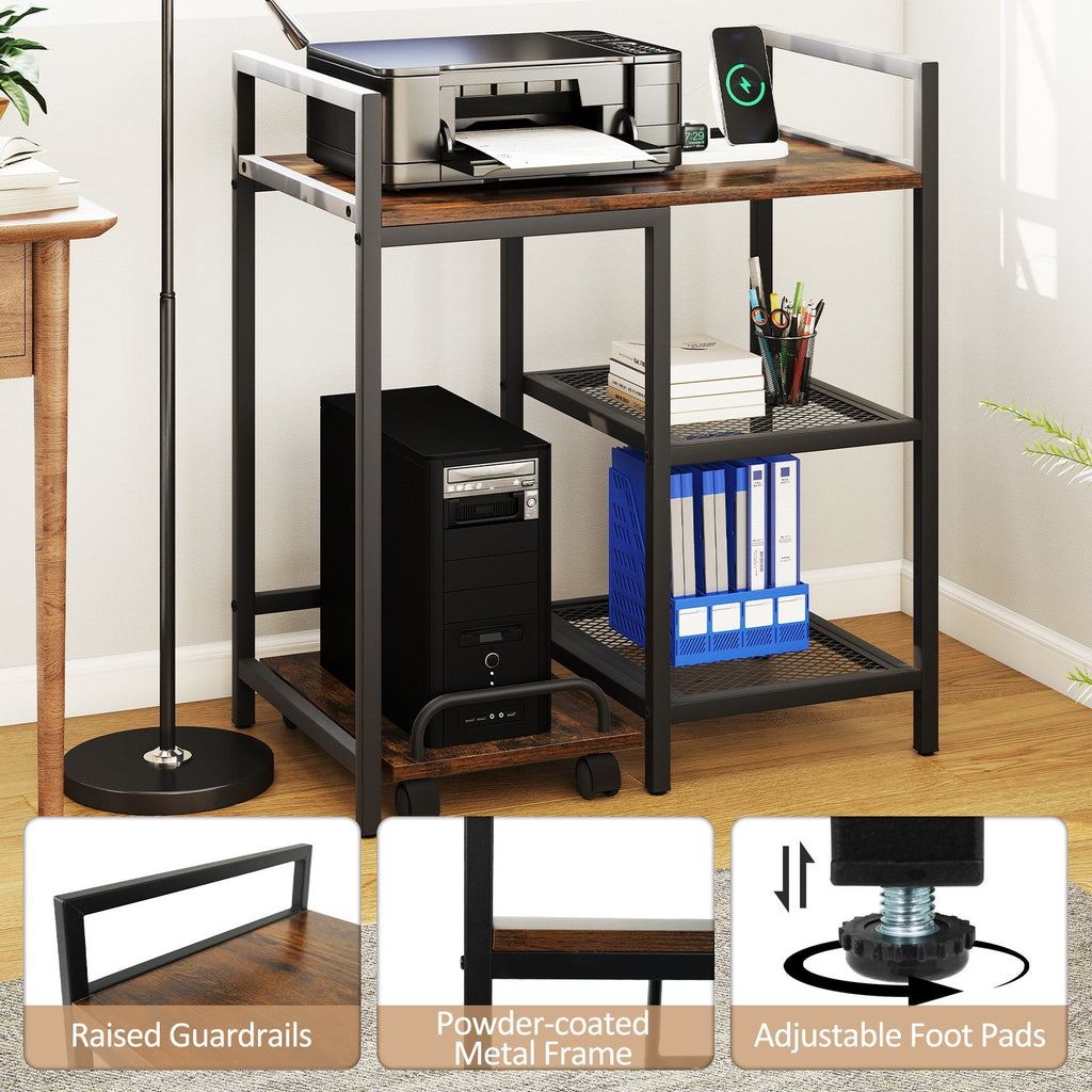 Printer Stand with Charging Station and Storage Shelves-Rustic Brown