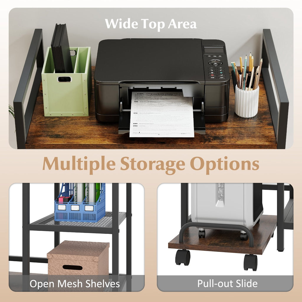 Printer Stand with Charging Station and Storage Shelves-Rustic Brown