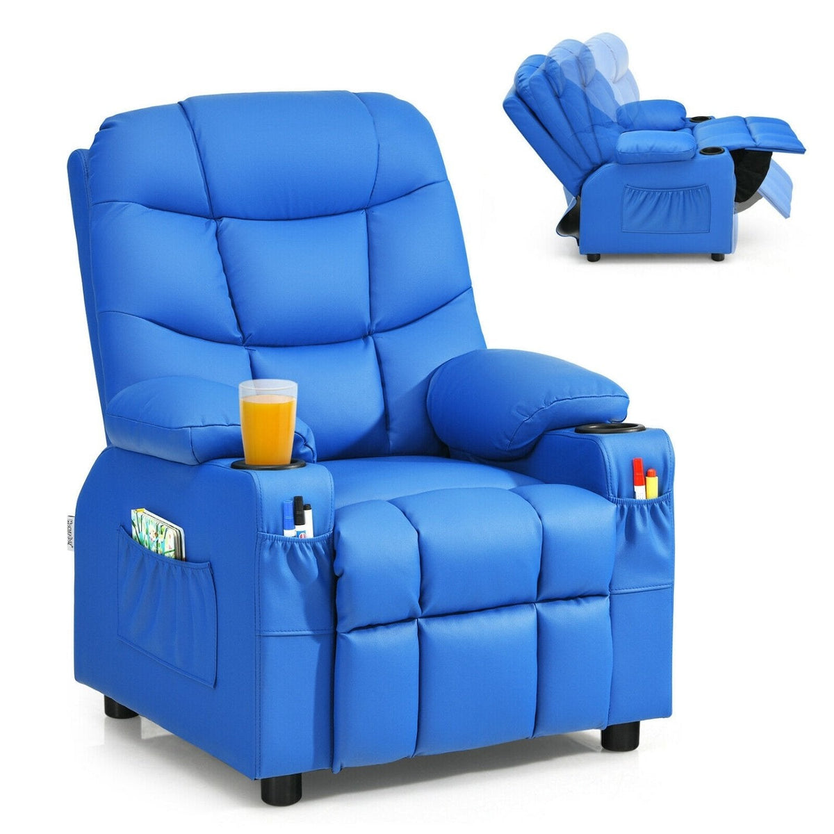 Kids Recliner Chair with Cup Holders and Footrest, Blue