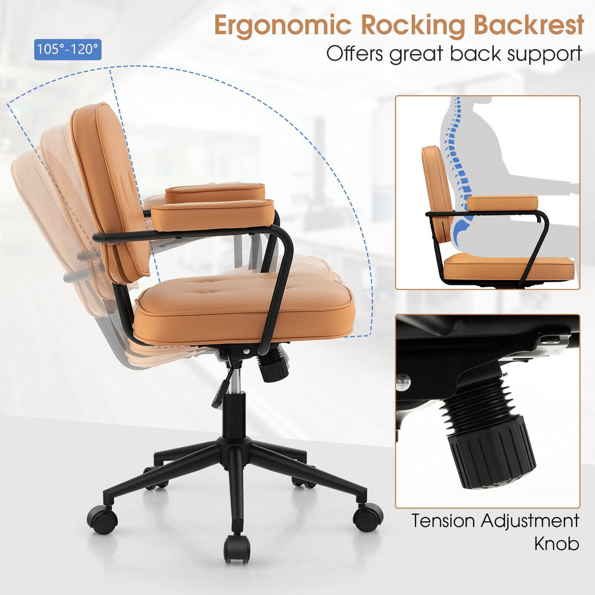 PU Leather Office Chair with Rocking Backrest and Ergonomic Armrest-Orange