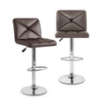 Set of 2 Adjustable Swivel Bar Stools in Brown with Cross Stitched Back, 25 to 33.5 Inch Seat