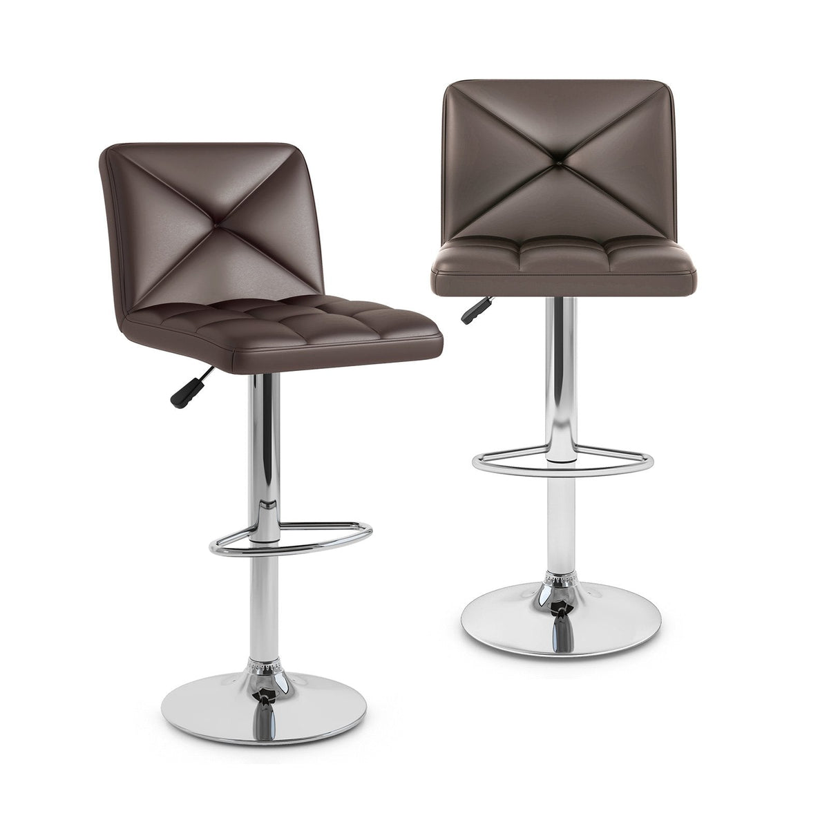 Set of 2 Adjustable Swivel Bar Stools in Brown with Cross Stitched Back, 25 to 33.5 Inch Seat