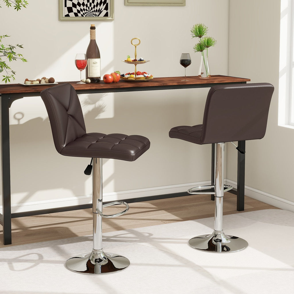 Set of 2 Adjustable Swivel Bar Stools in Brown with Cross Stitched Back, 25 to 33.5 Inch Seat