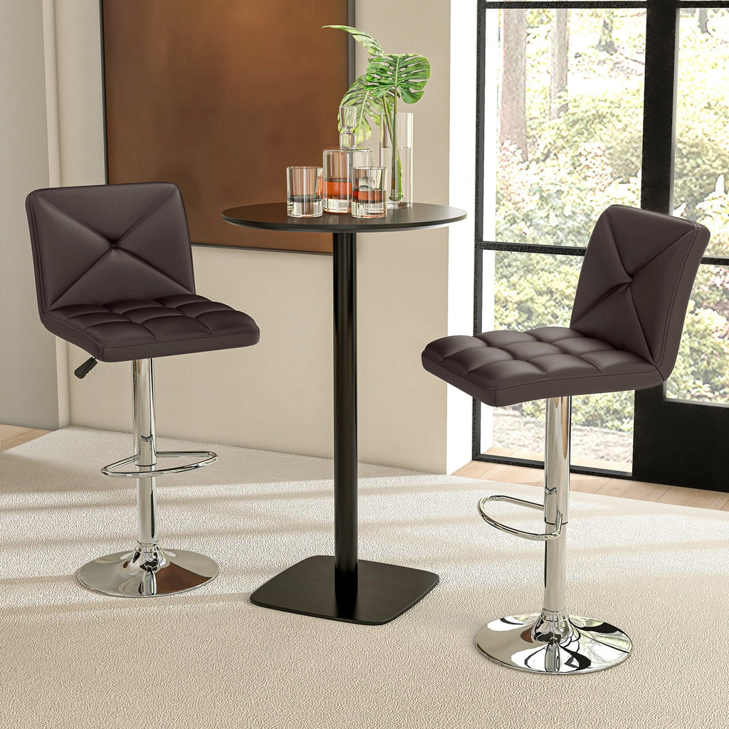 Set of 2 Adjustable Swivel Bar Stools in Brown with Cross Stitched Back, 25 to 33.5 Inch Seat