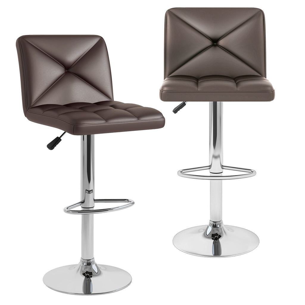 Set of 2 Adjustable Swivel Bar Stools in Brown with Cross Stitched Back, 25 to 33.5 Inch Seat