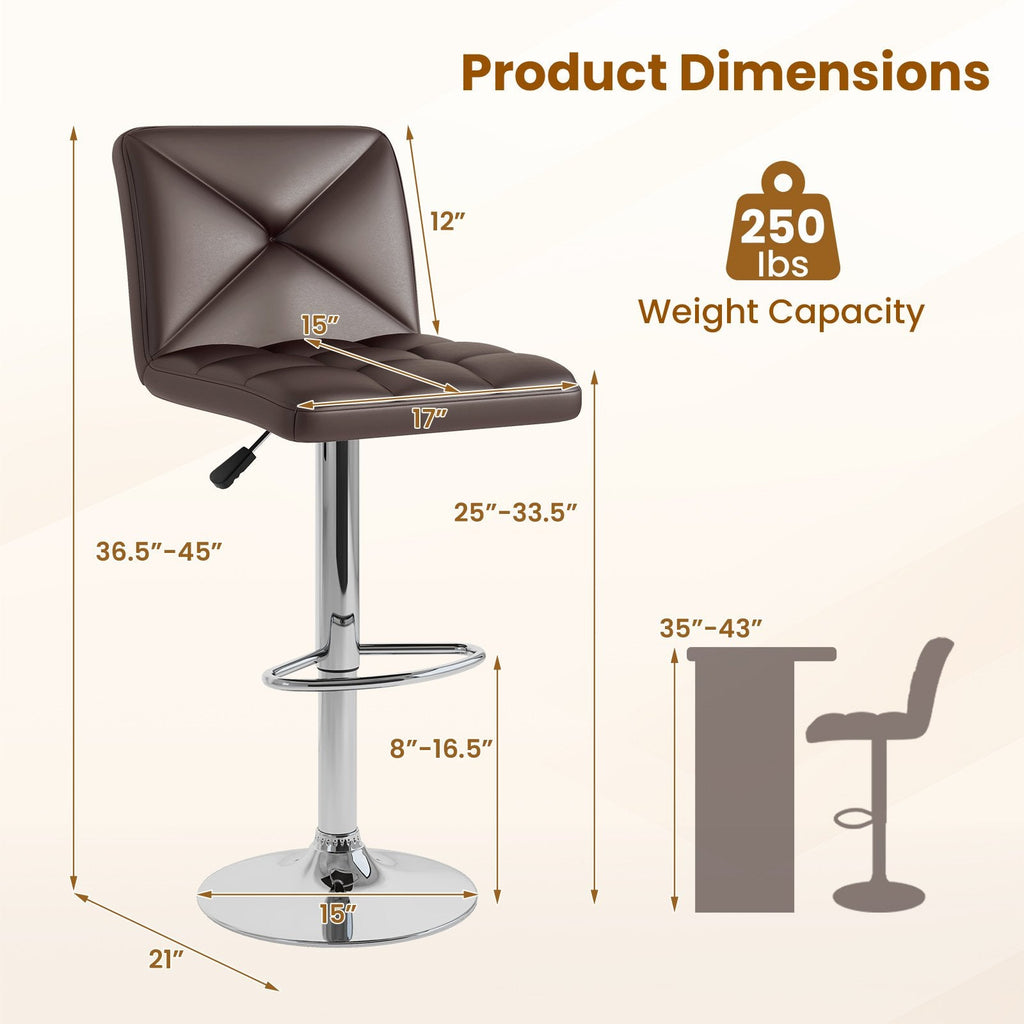 Set of 2 Adjustable Swivel Bar Stools in Brown with Cross Stitched Back, 25 to 33.5 Inch Seat