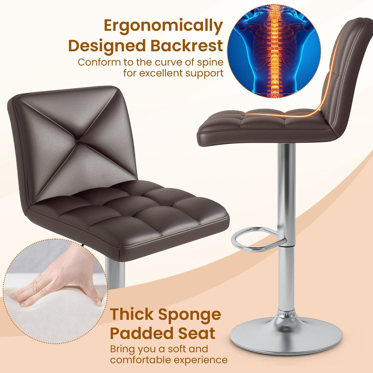 Set of 2 Adjustable Swivel Bar Stools in Brown with Cross Stitched Back, 25 to 33.5 Inch Seat