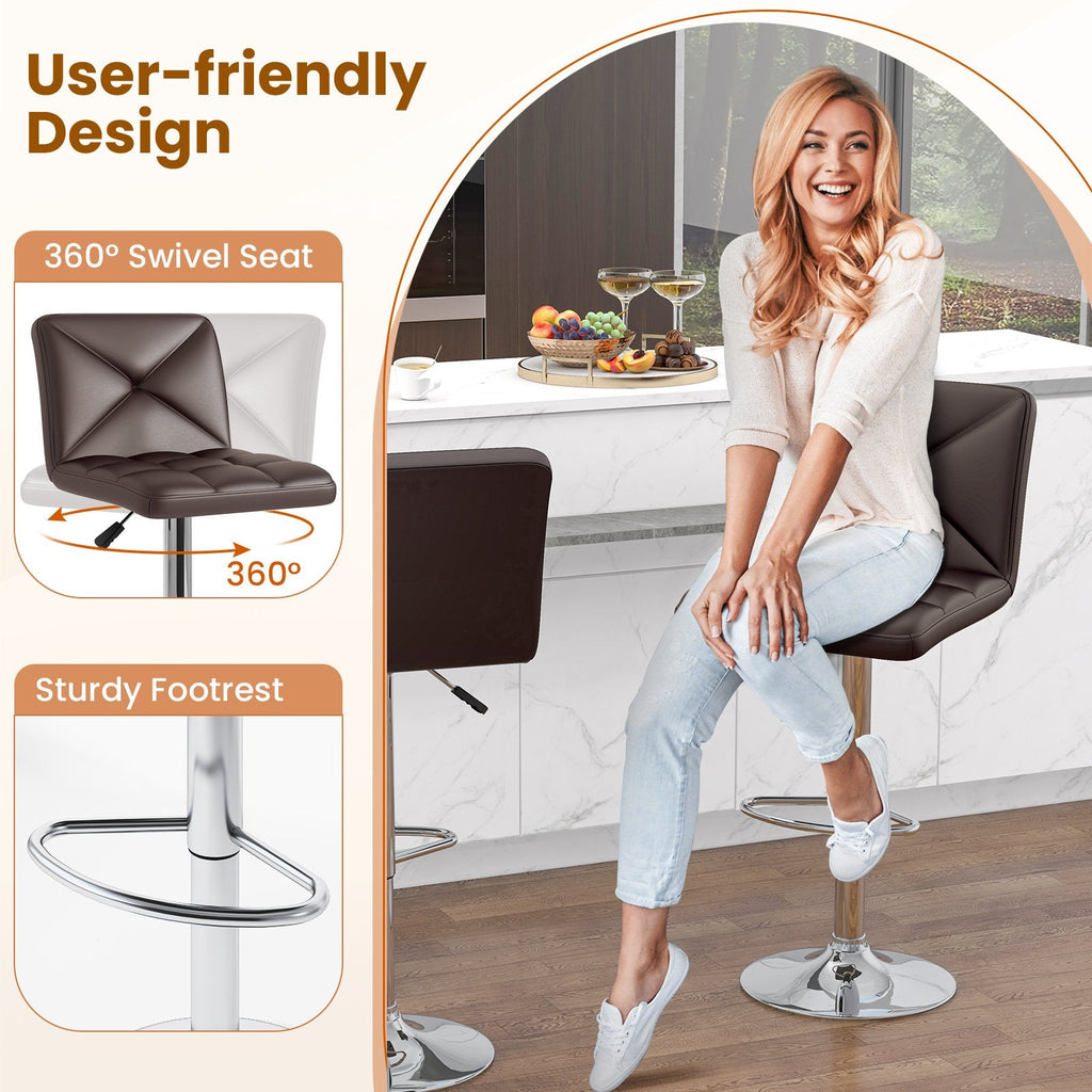 Set of 2 Adjustable Swivel Bar Stools in Brown with Cross Stitched Back, 25 to 33.5 Inch Seat