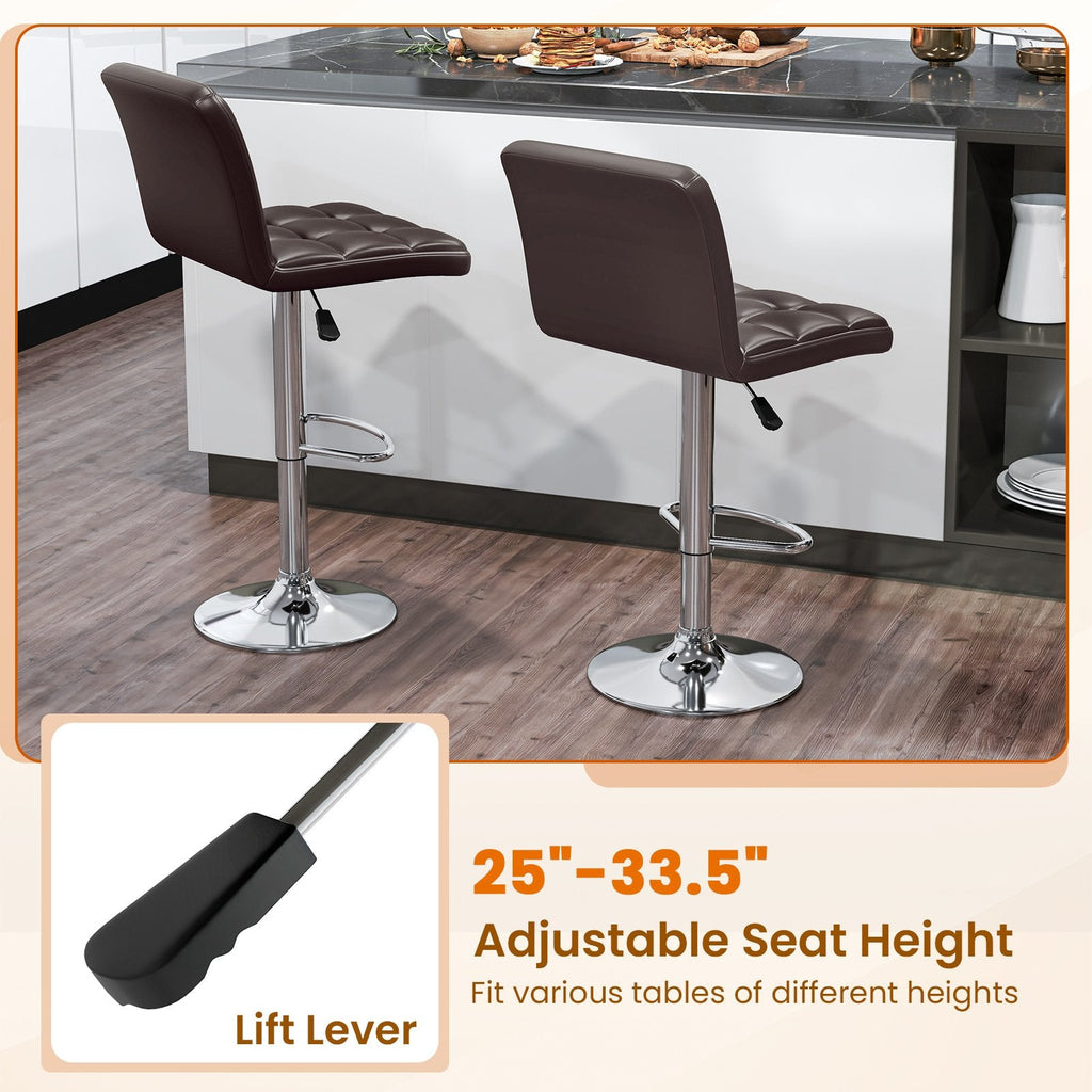 Set of 2 Adjustable Swivel Bar Stools in Brown with Cross Stitched Back, 25 to 33.5 Inch Seat