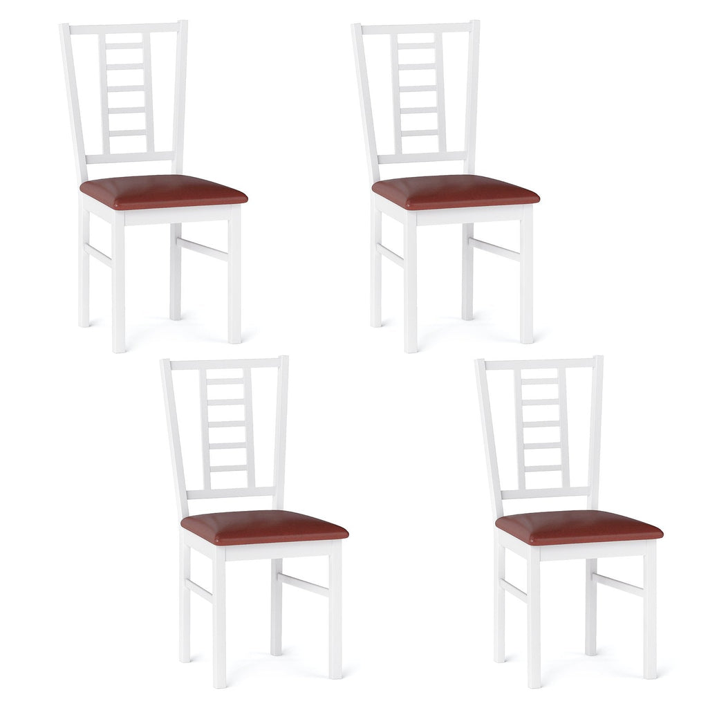 Set of 4 Window Pane Back Dining Chairs, White Rubber Wood with Burgundy PU Leather Seats