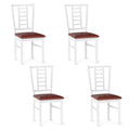 Set of 4 Window Pane Back Dining Chairs, White Rubber Wood with Burgundy PU Leather Seats