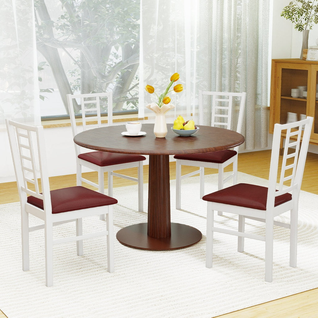 Set of 4 Window Pane Back Dining Chairs, White Rubber Wood with Burgundy PU Leather Seats