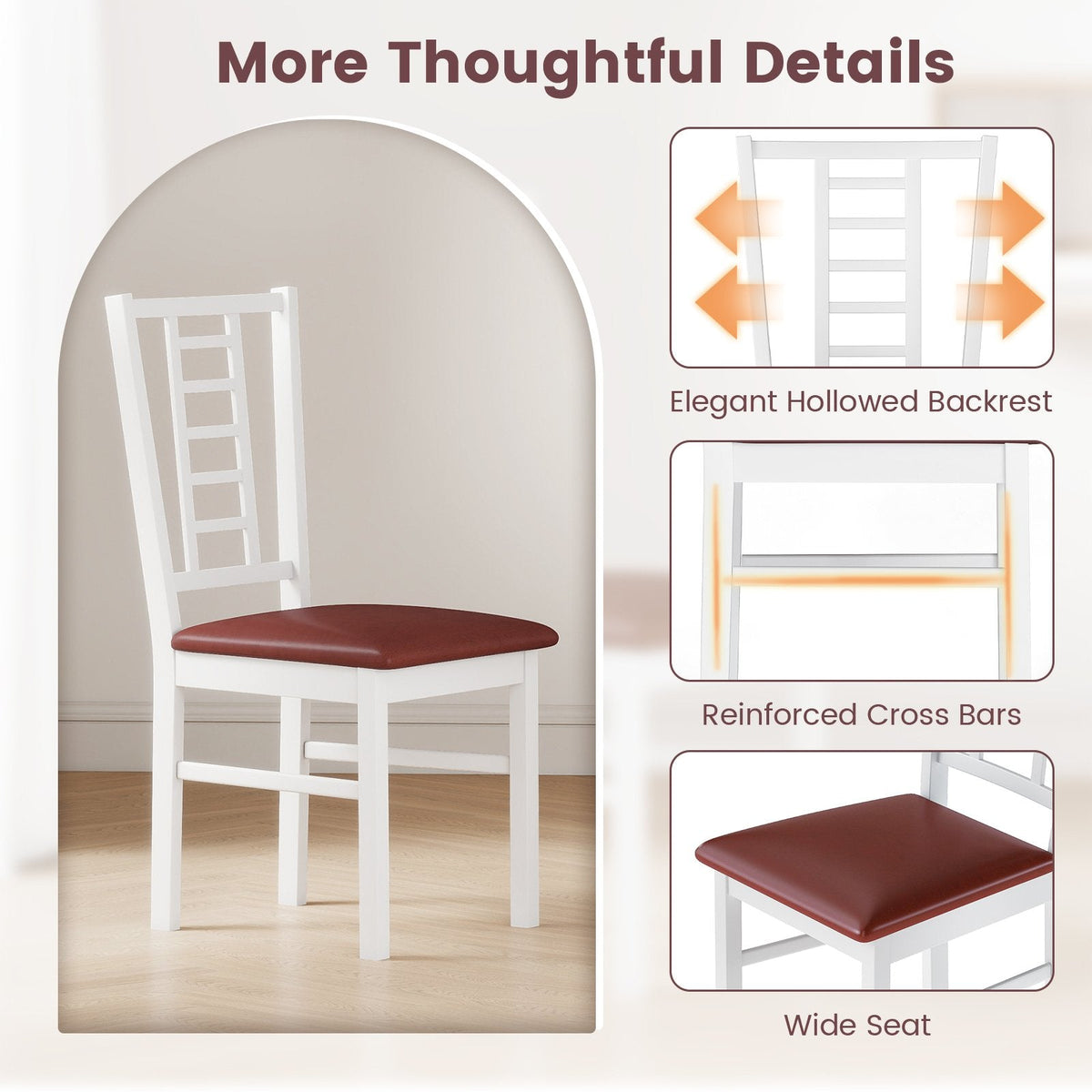Set of 4 Window Pane Back Dining Chairs, White Rubber Wood with Burgundy PU Leather Seats
