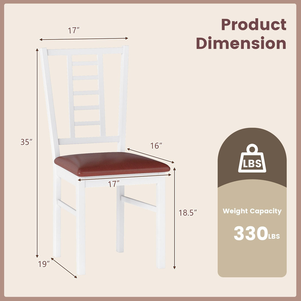 Set of 4 Window Pane Back Dining Chairs, White Rubber Wood with Burgundy PU Leather Seats