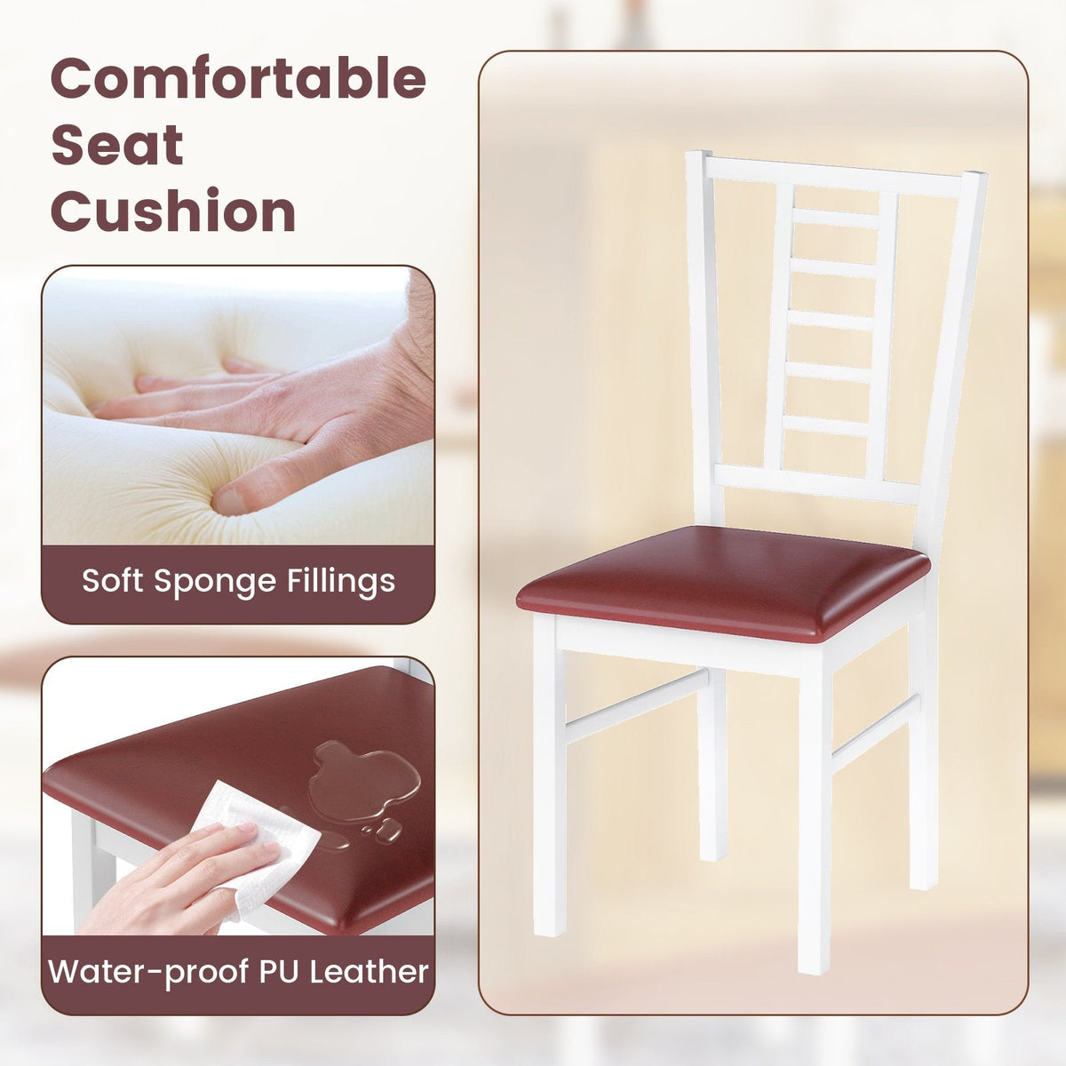 Set of 4 Window Pane Back Dining Chairs, White Rubber Wood with Burgundy PU Leather Seats