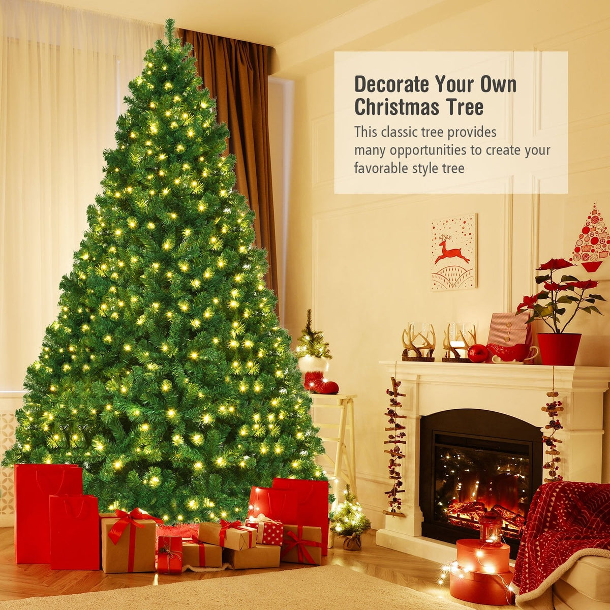 8 FT Pre-Lit Artificial Christmas Tree with 1438 PVC Tips, 430 Warm White LEDs and Iron Stand