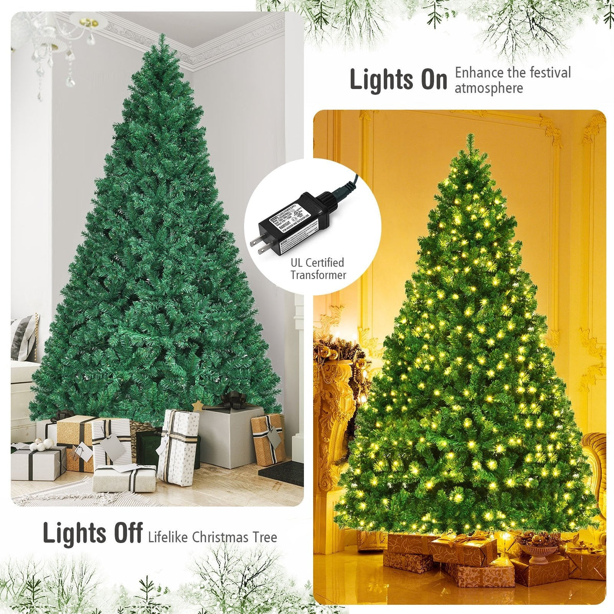 8 FT Pre-Lit Artificial Christmas Tree with 1438 PVC Tips, 430 Warm White LEDs and Iron Stand