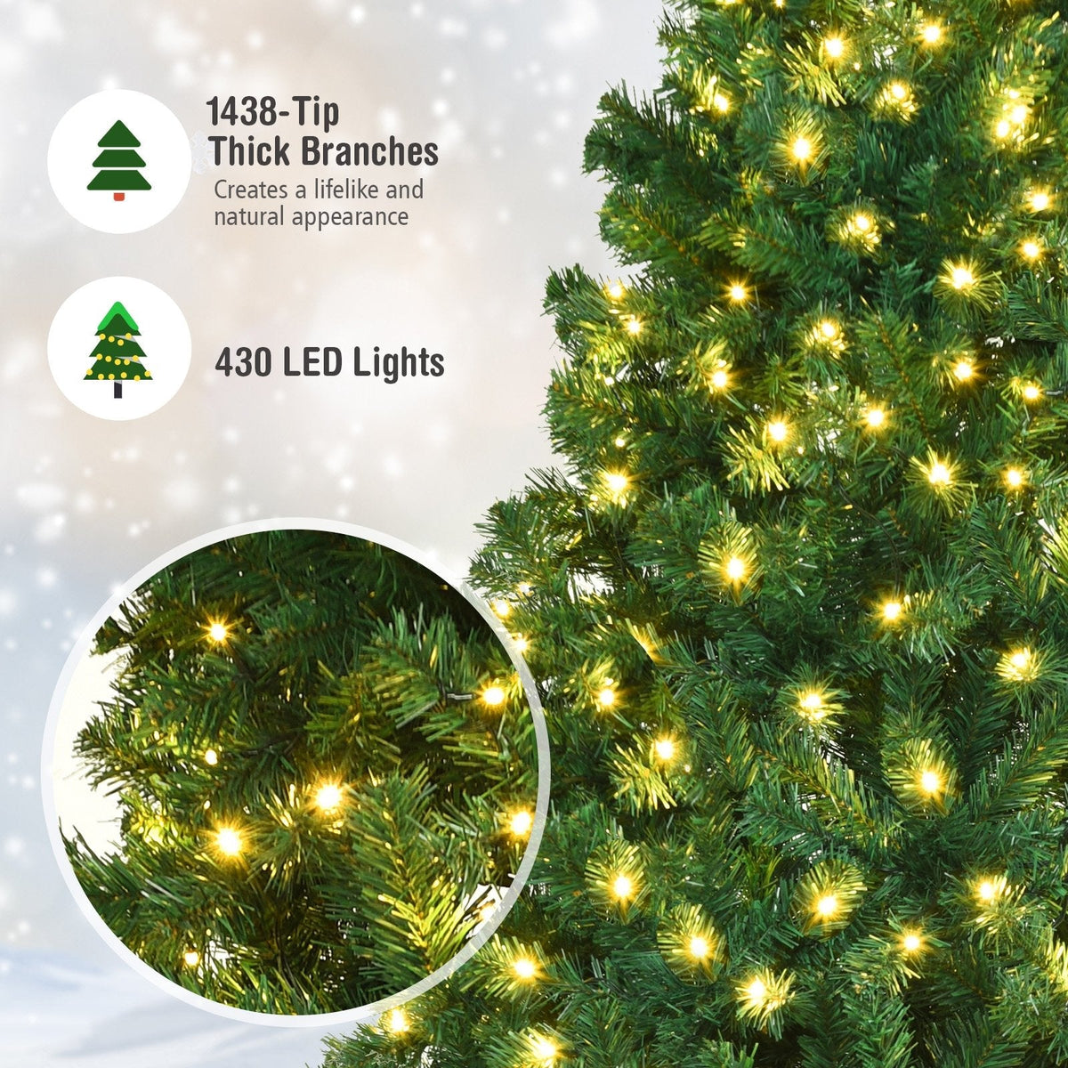 8 FT Pre-Lit Artificial Christmas Tree with 1438 PVC Tips, 430 Warm White LEDs and Iron Stand