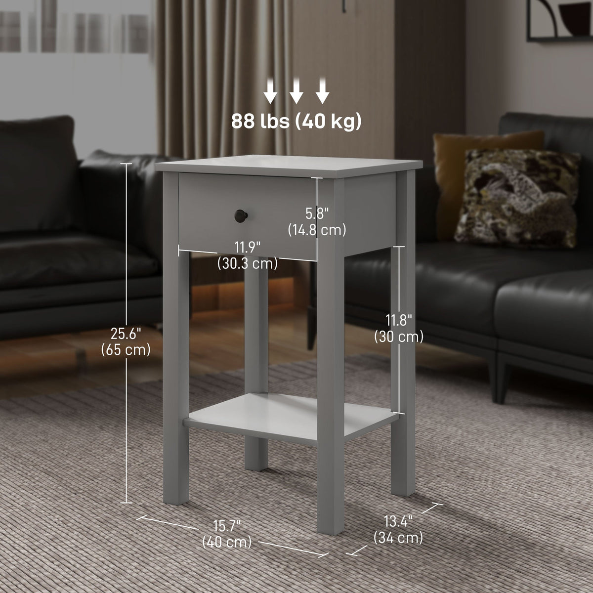 Side Table Set of 2, End Tables with Drawer and Bottom Shelf, 2-tier Nightstand for Bedroom, Living Room, Black