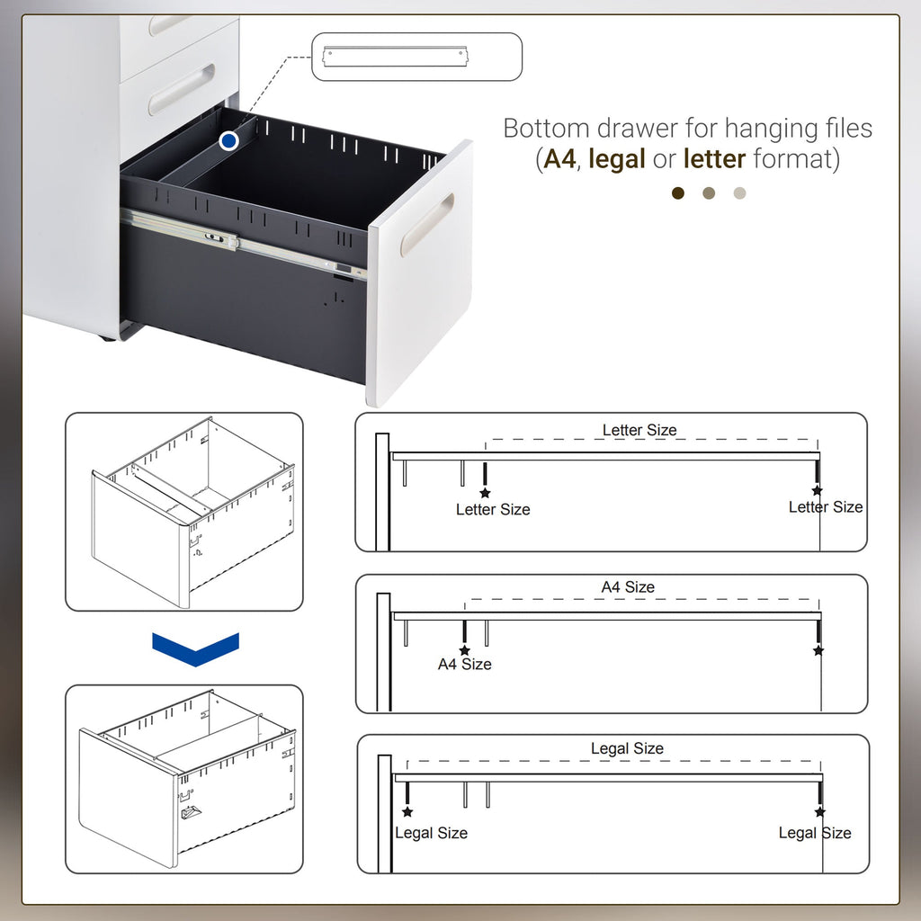 Lockable File Cabinet, Steel Filing Cabinet on Wheels for Legal, A4, Letter Size, Home Office