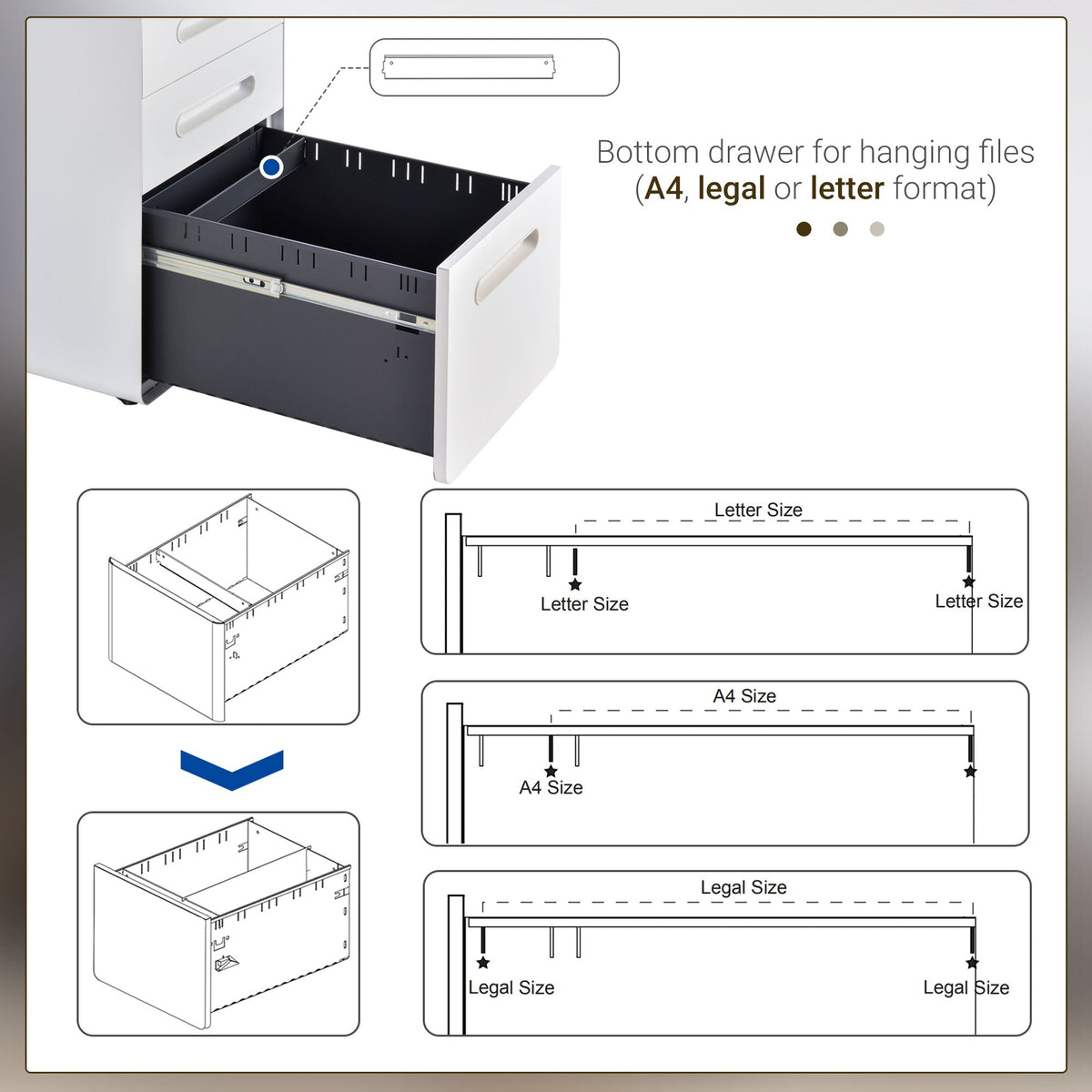 Lockable File Cabinet, Steel Filing Cabinet on Wheels for Legal, A4, Letter Size, Home Office