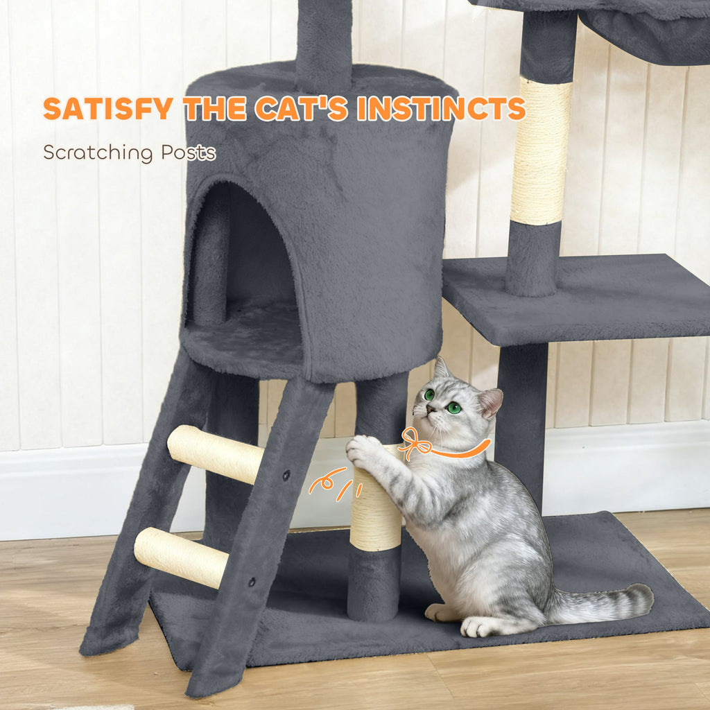 53" Cat Tree Tower, Kitten Activity Centre with Scratching Posts, Condo, Perches, Ladder, Hammock, Dangling Toys, Grey