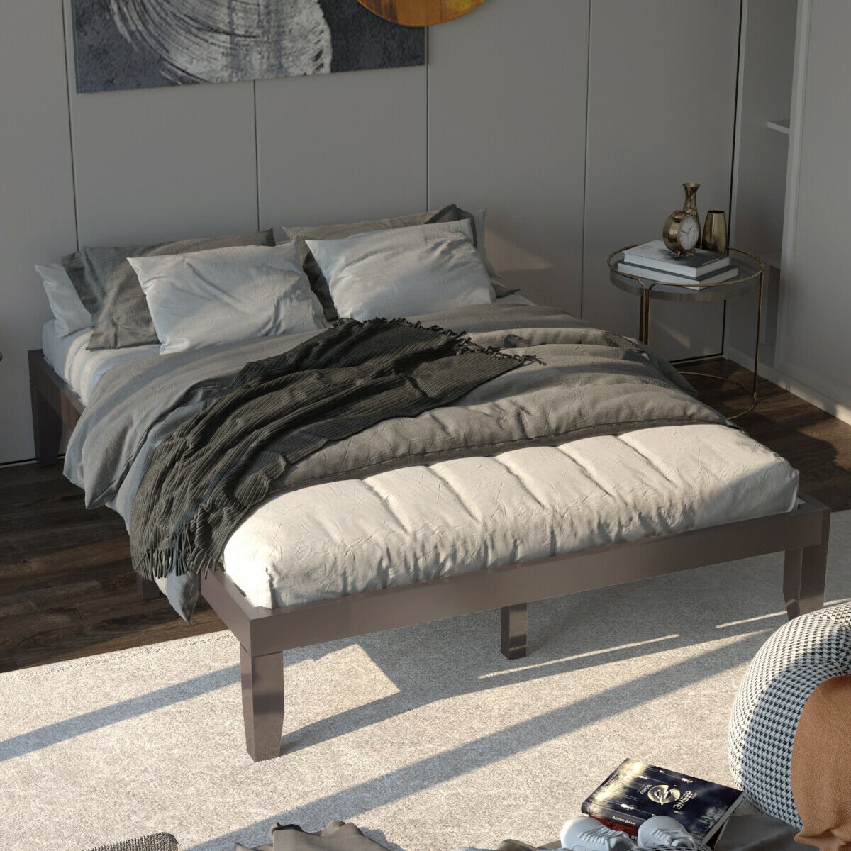 Queen Size 14 Inch Solid Wood Platform Bed Frame with 14 Bed Boards, Brown