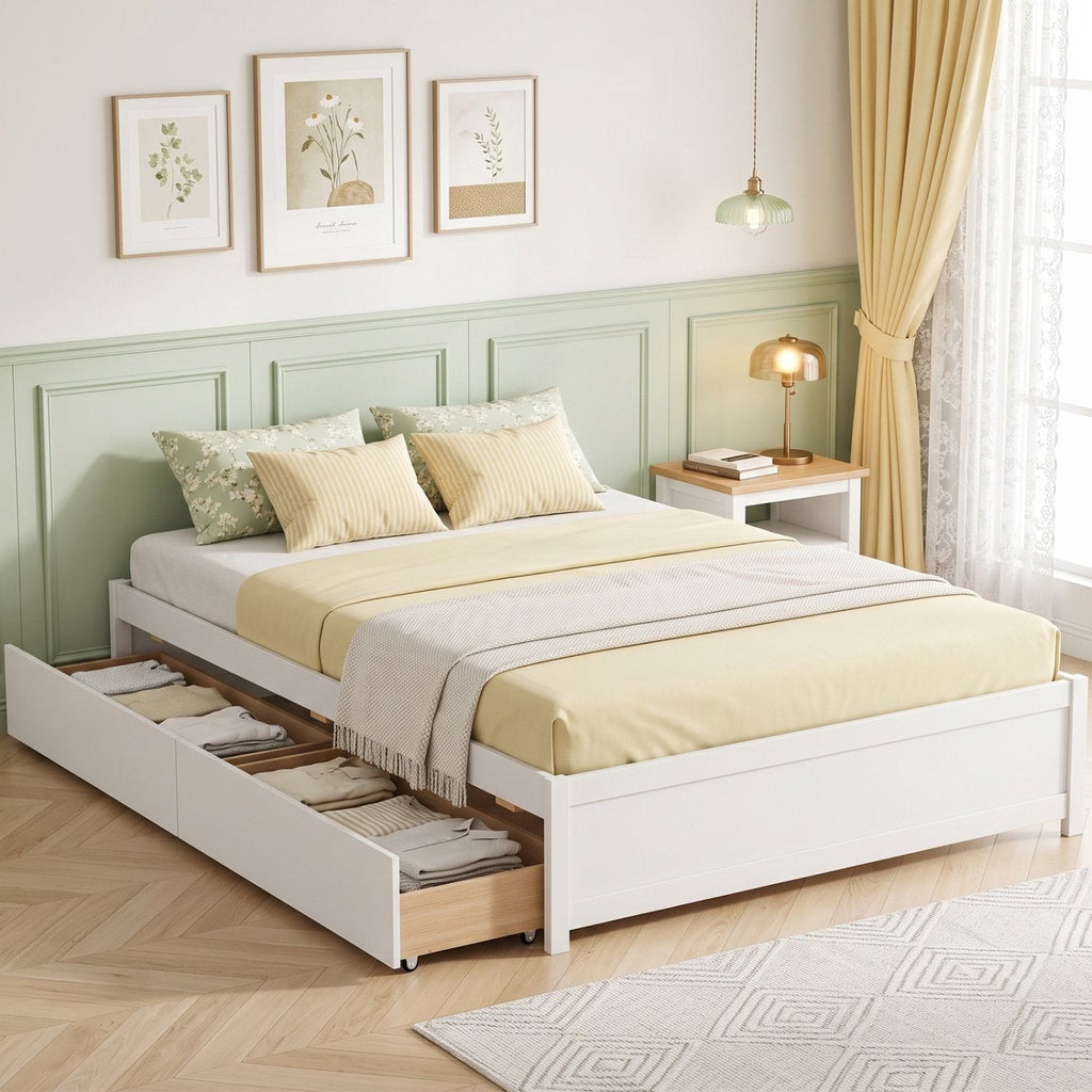 Queen Size Bed Frame with 2 Rolling Storage Drawers-White