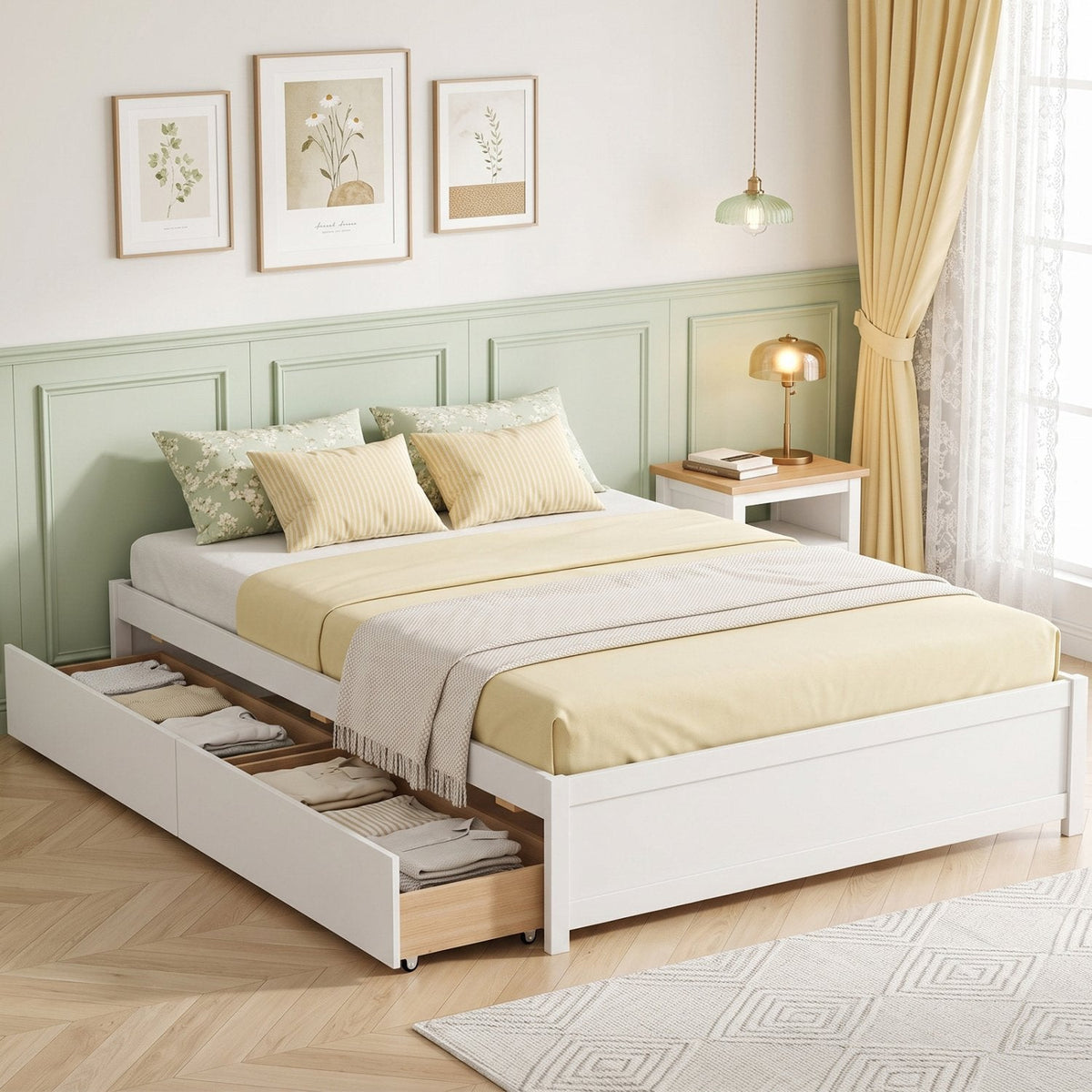 Queen Size Bed Frame with 2 Rolling Storage Drawers-White
