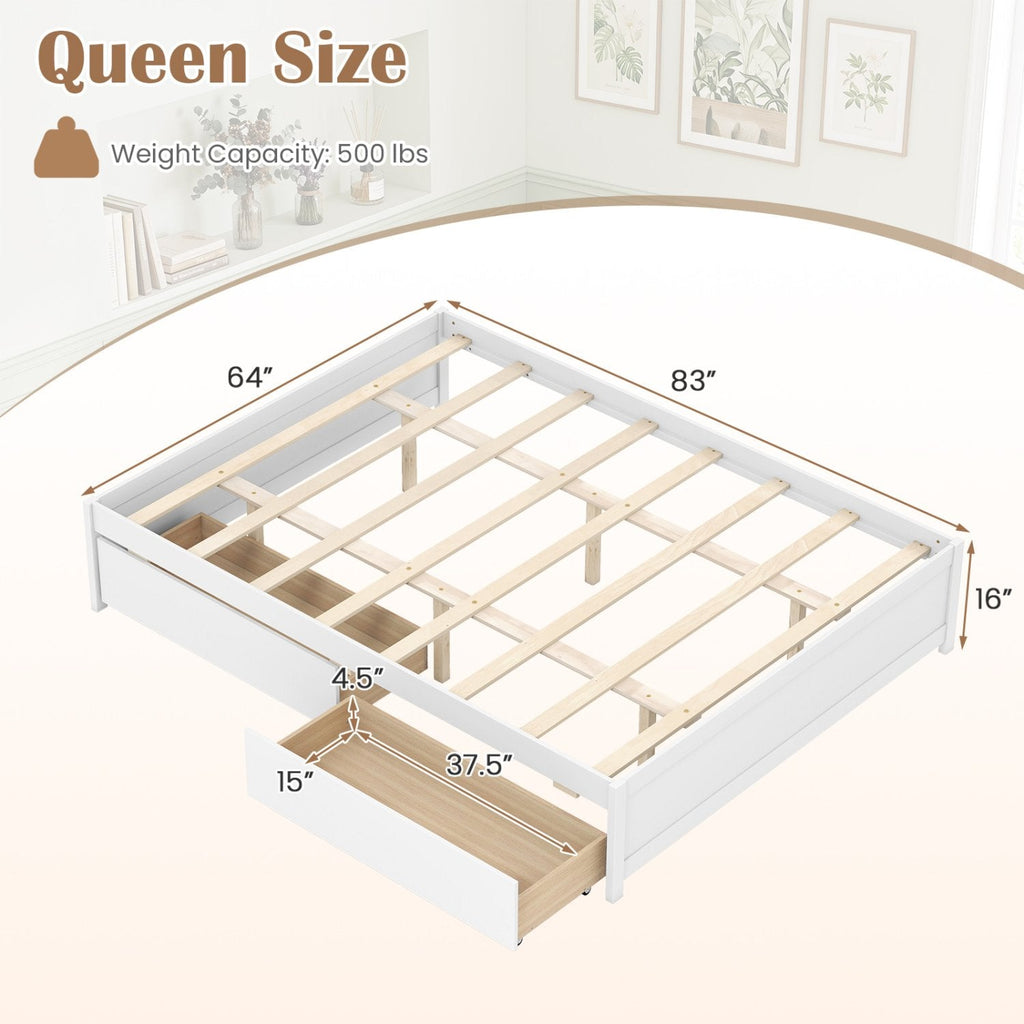 Queen Size Bed Frame with 2 Rolling Storage Drawers-White
