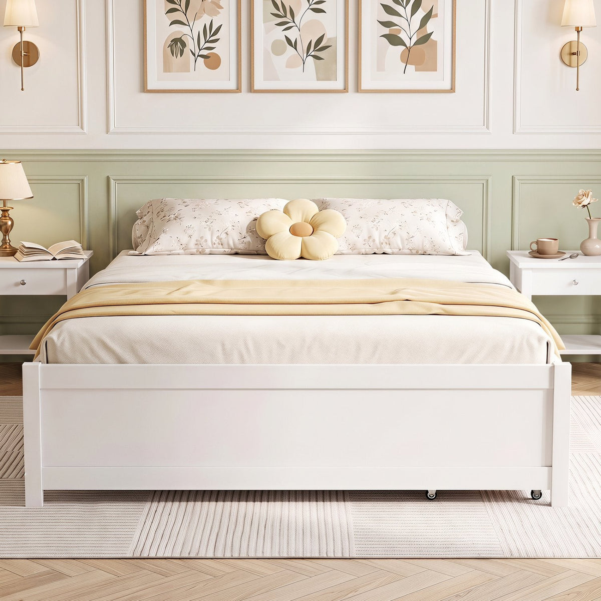 Queen Size Bed Frame with 2 Rolling Storage Drawers-White