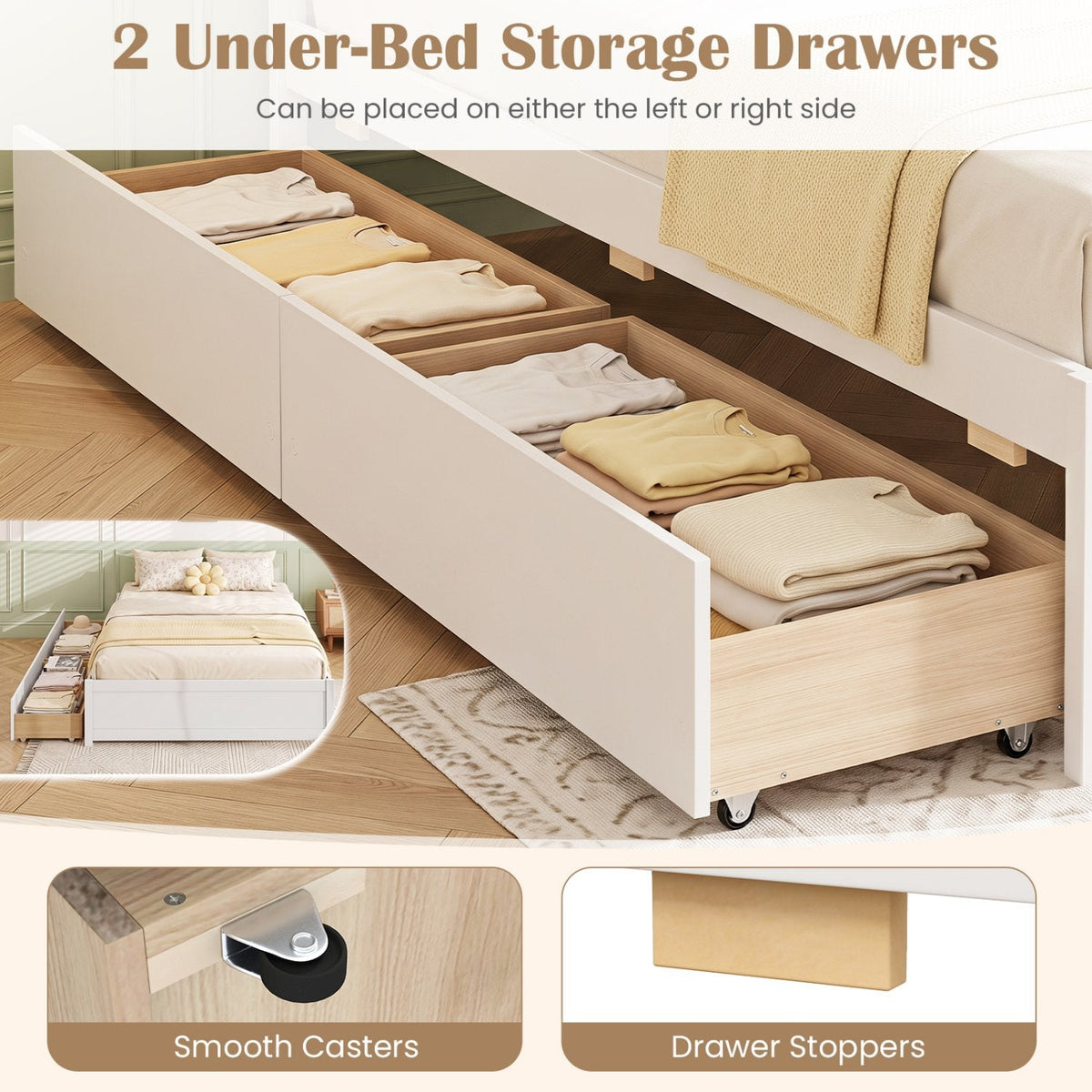 Queen Size Bed Frame with 2 Rolling Storage Drawers-White