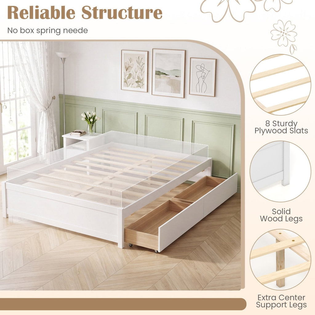 Queen Size Bed Frame with 2 Rolling Storage Drawers-White