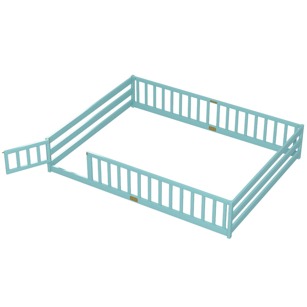 Queen Montessori Floor Bed with Full Length Guardrails and Latching Door, Dark Green