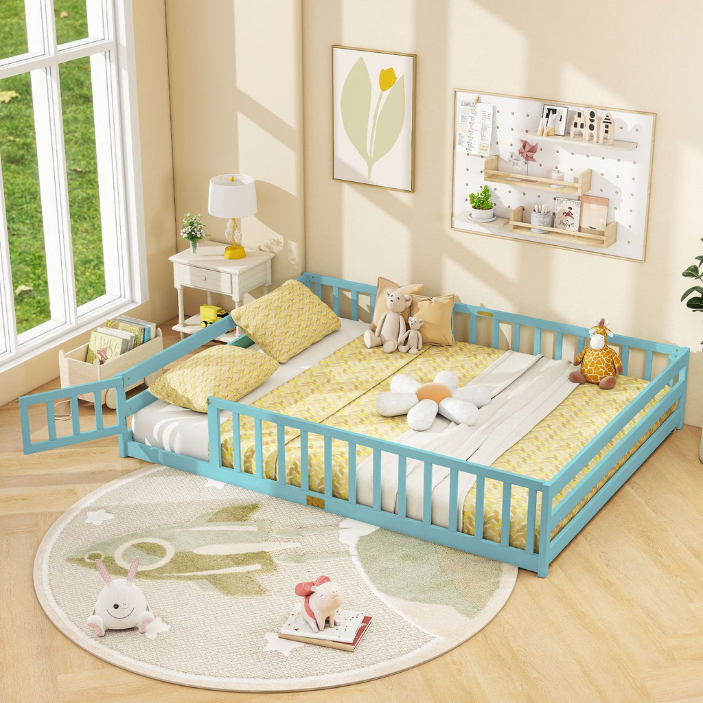 Queen Montessori Floor Bed with Full Length Guardrails and Latching Door, Dark Green