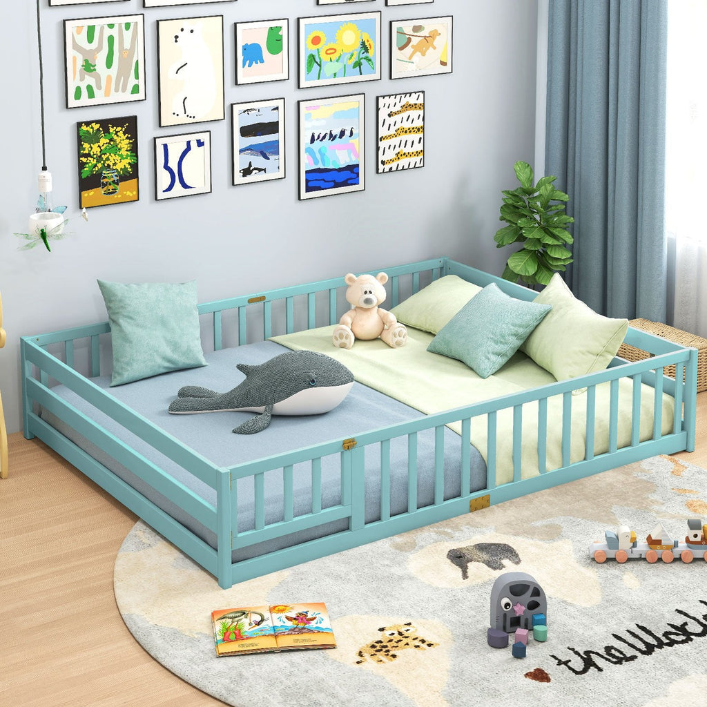 Queen Montessori Floor Bed with Full Length Guardrails and Latching Door, Dark Green
