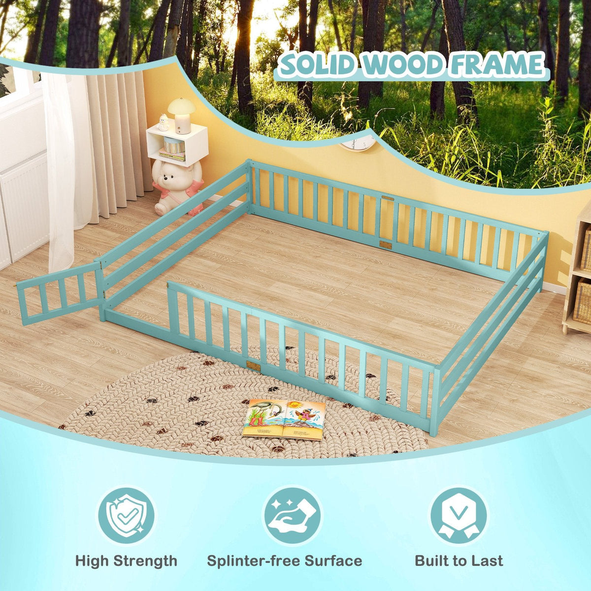 Queen Montessori Floor Bed with Full Length Guardrails and Latching Door, Dark Green