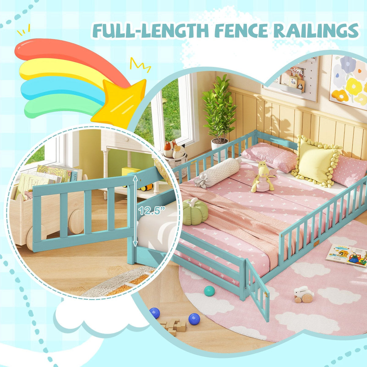 Queen Montessori Floor Bed with Full Length Guardrails and Latching Door, Dark Green