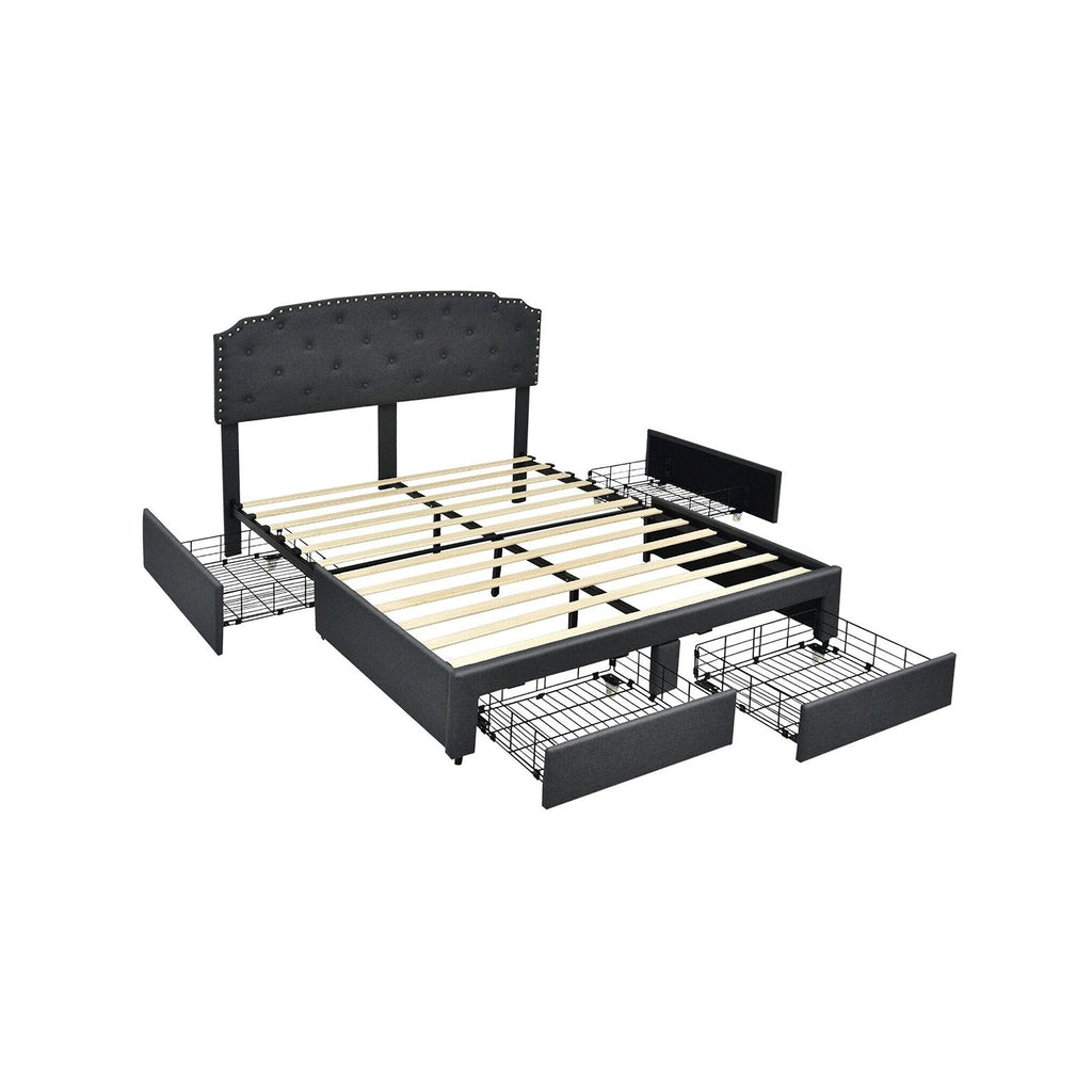 Queen Upholstered Storage Bed with 4 Drawers and Height Adjustable Headboard, Grey