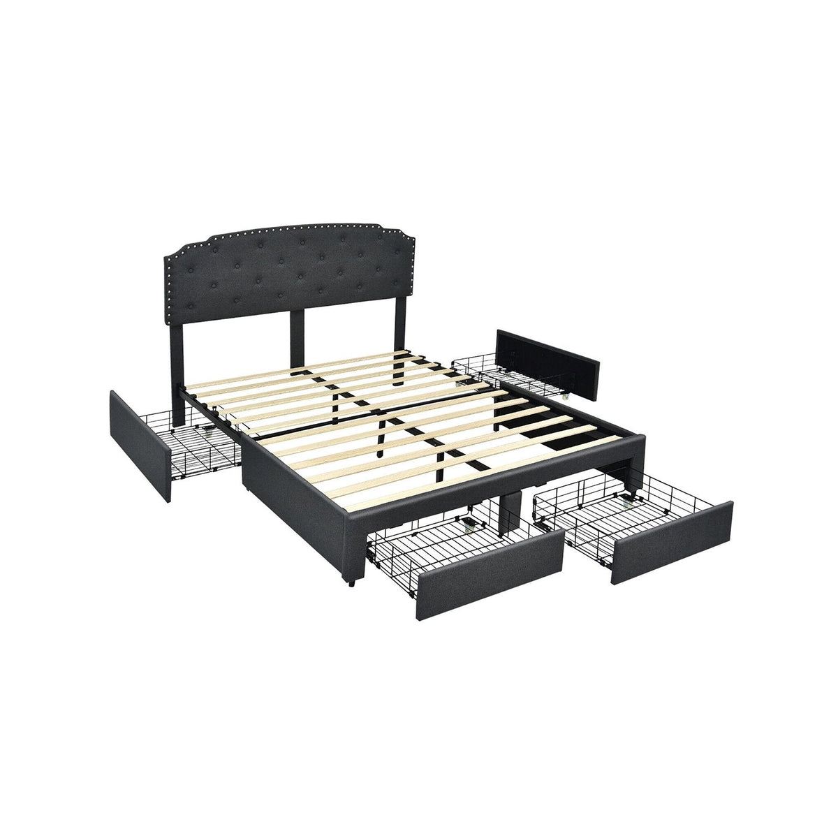 Queen Upholstered Storage Bed with 4 Drawers and Height Adjustable Headboard, Grey
