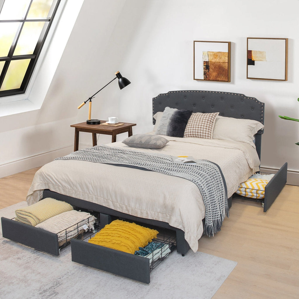 Queen Upholstered Storage Bed with 4 Drawers and Height Adjustable Headboard, Grey