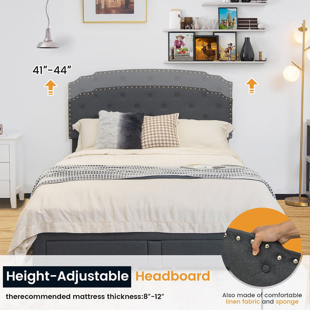 Queen Upholstered Storage Bed with 4 Drawers and Height Adjustable Headboard, Grey