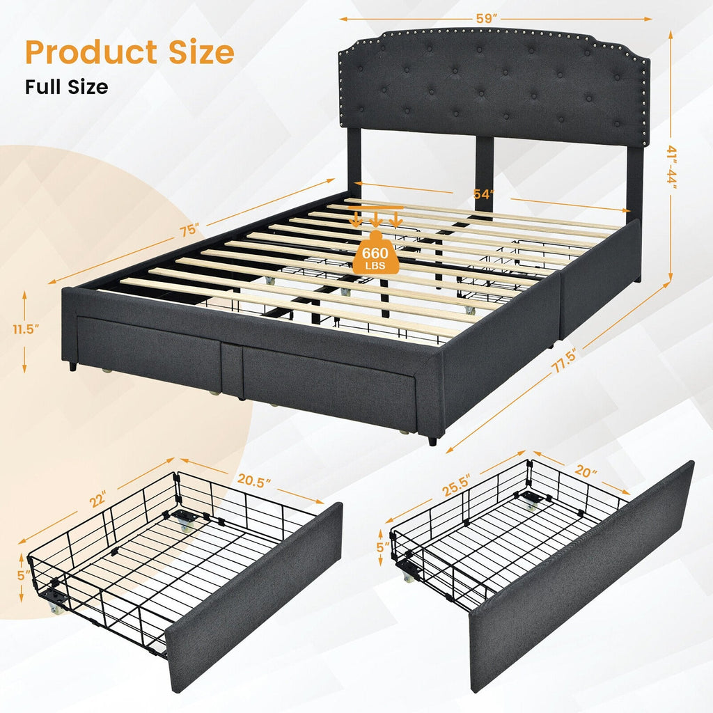 Queen Upholstered Storage Bed with 4 Drawers and Height Adjustable Headboard, Grey