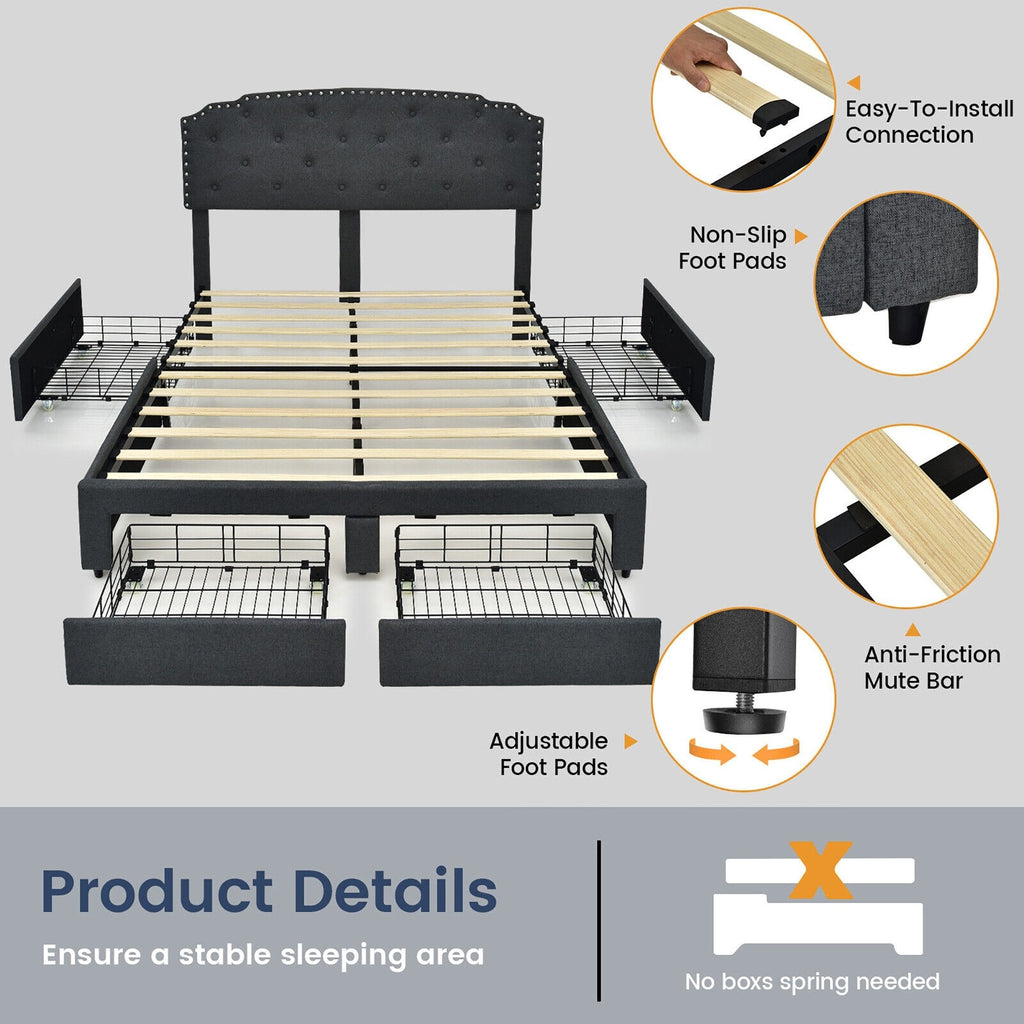 Queen Upholstered Storage Bed with 4 Drawers and Height Adjustable Headboard, Grey