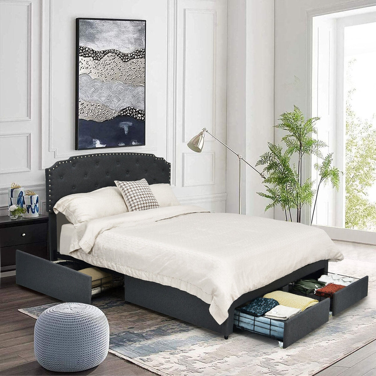 Queen Upholstered Storage Bed with 4 Drawers and Height Adjustable Headboard, Grey