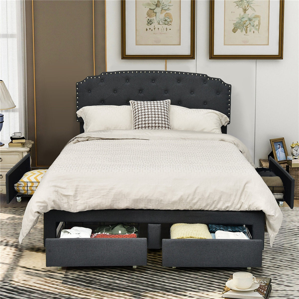 Queen Upholstered Storage Bed with 4 Drawers and Height Adjustable Headboard, Grey