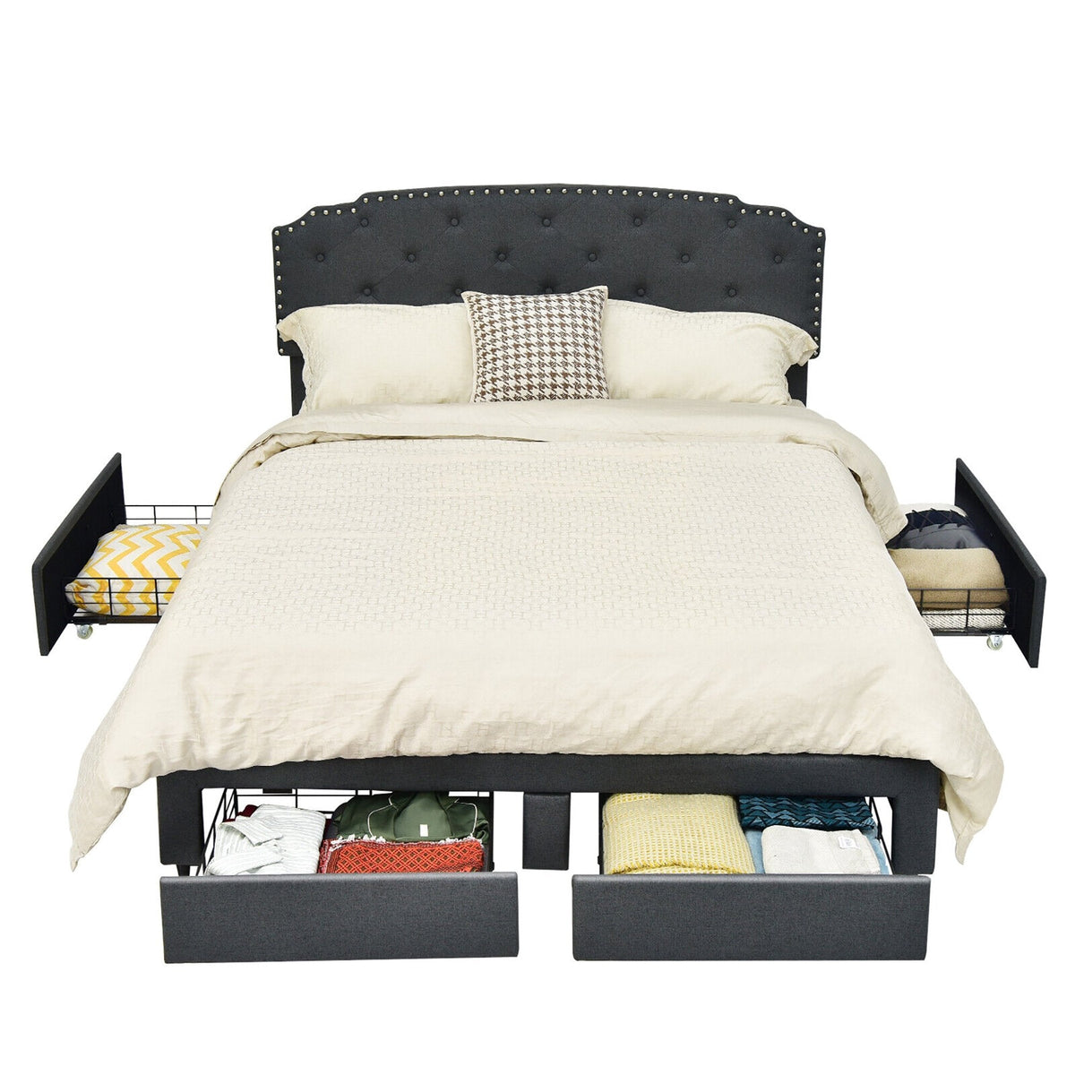 Queen Upholstered Storage Bed with 4 Drawers and Height Adjustable Headboard, Grey